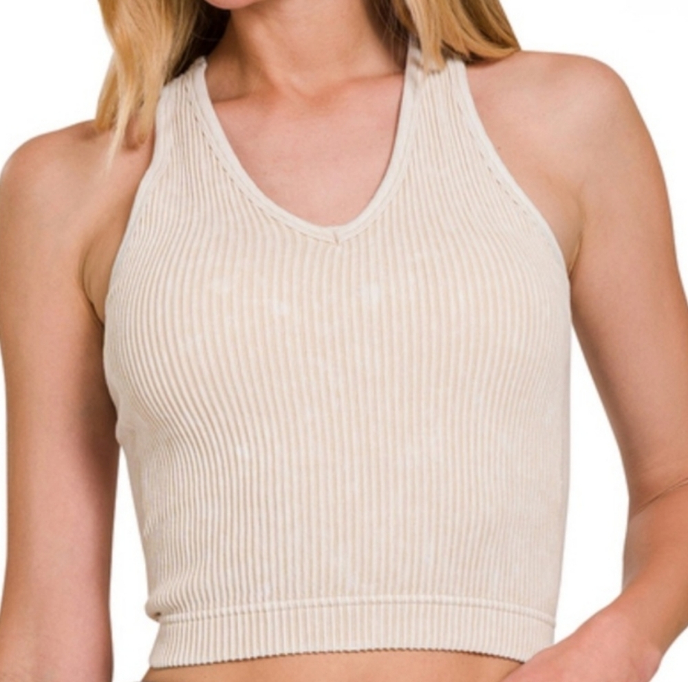 Zenana Heathered Beige Ribbed Racer Back Tank Bra Top
